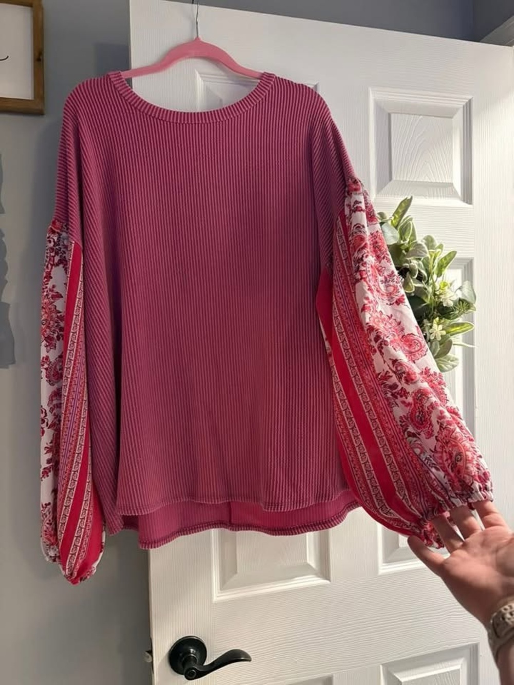 Women's Pink Mixed-Print Balloon Sleeve Top